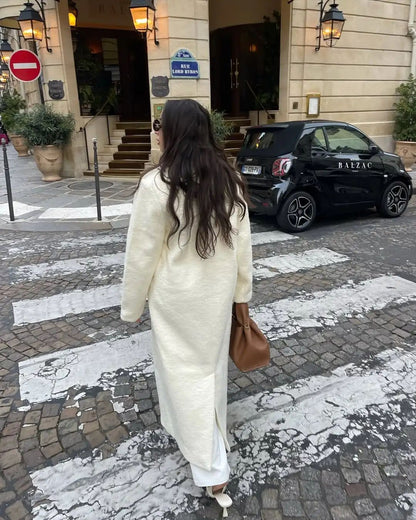 Elegant White Lapel Woolen Long Coat Women Fashion Full Sleeve Single-breasted Warm Loose Coats Lady Winter Commute Street Wear