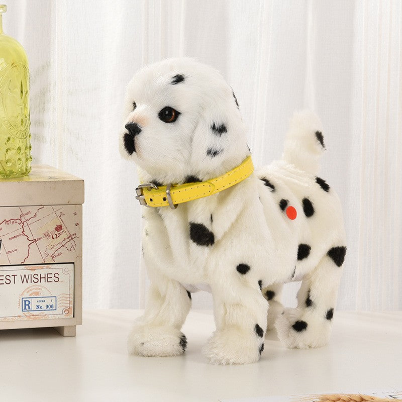 Novo brinquedo de simulação de cachorro elétrico com controle de voz, que anda, acena a cabeça, toca música e é um robô de pelúcia para crianças.