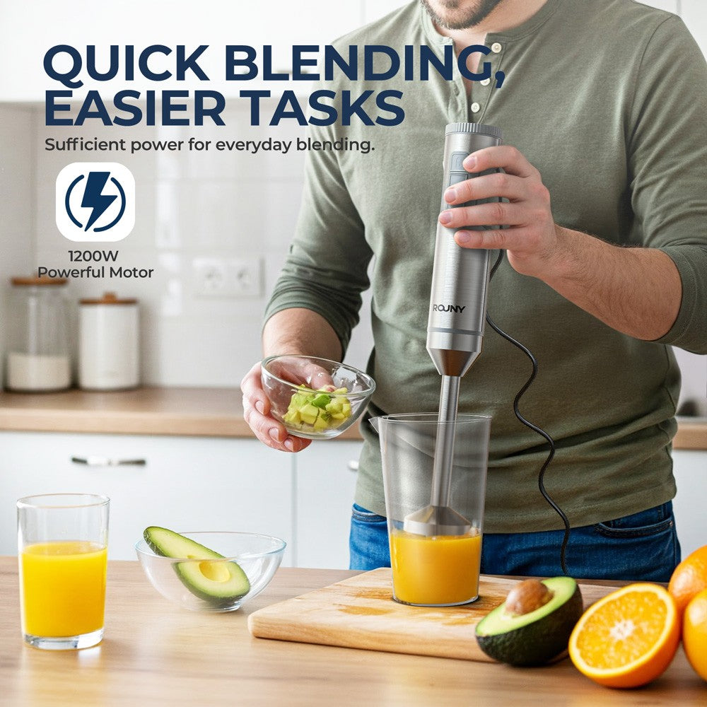 Liquidificador de Imersão Manual 4 em 1 ROUNY 1000W Potente, Mixer de Alimentos em Aço Inox, Copo Medidor de 700ml, Processador de 500ml, Batedor de Claras