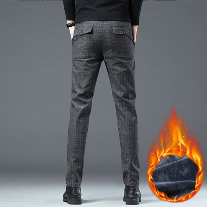 Autumn Winter New Fleece Thickened Casual Pants Men Business Straight Slim Plaid Pants Black Gray Men's Warm Trousers