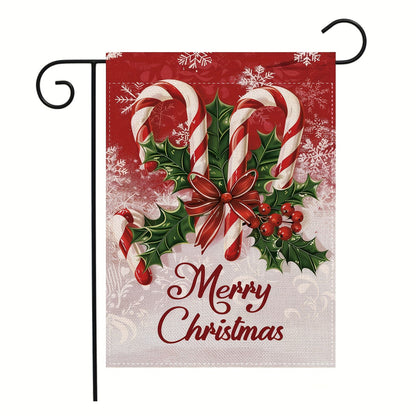 Merry Christmas Garden Flag Polyester Banner with Festive Holly Berries Cursive Letter Outdoor Garden Yard Christmas Decorations