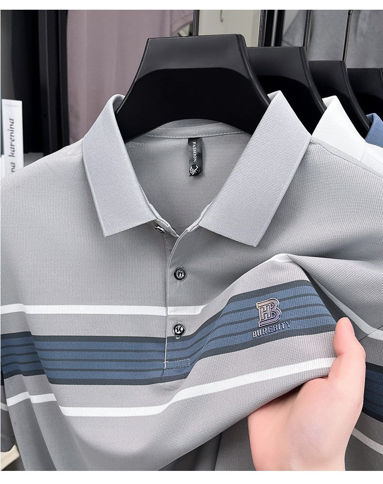 High end letter embossed short sleeve polo shirt luxury brand T-shirt fashion striped summer new ice silk breathable men's top