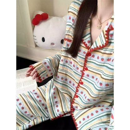 Plus Size Pajamas 2 Pieces Set Y2K Striped Strawberry Print Casual Korean Sweet Soft Women's Pajamas Autumn Winter New Homewear