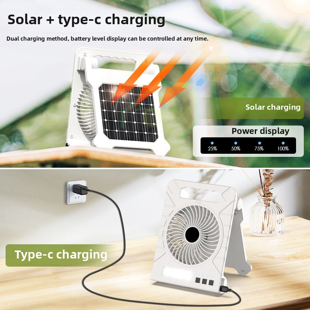 Powered Camping Solar Fan - Portable Rechargeable Handheld Fan with LED Light, Power Bank for Outdoor, Fishing, and Wild Camping