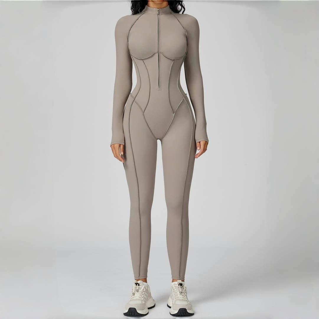Seamless Yoga Jumpsuit Peach Hip High Elasticity Zipper Bodysuit Long Sleeves One-Piece Workout Clothes Gym Leggings Sportswear