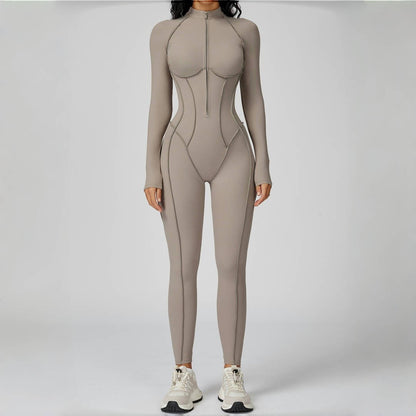 Seamless Yoga Jumpsuit Peach Hip High Elasticity Zipper Bodysuit Long Sleeves One-Piece Workout Clothes Gym Leggings Sportswear