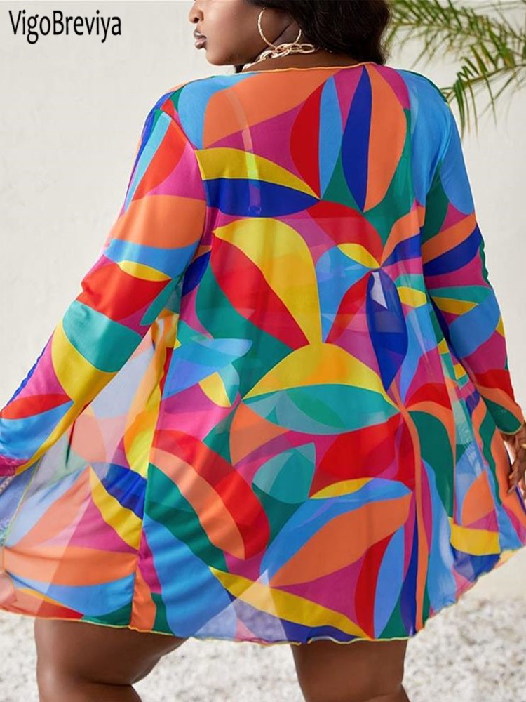 VigoBreviya 2025 Print 3 Piece Plus Size Mesh Cove Up Bikini Set Women High Waist Curvy Swimsuit Beach Lady Big Bathing Suit