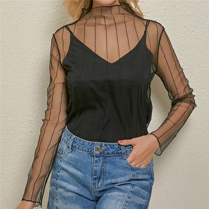 Women's Sexy Mesh Sheer Lace Blouses Perspective Long Sleeve Stand Collar Mesh Tops Striped Polka Dot Stars Party Tee Blouses