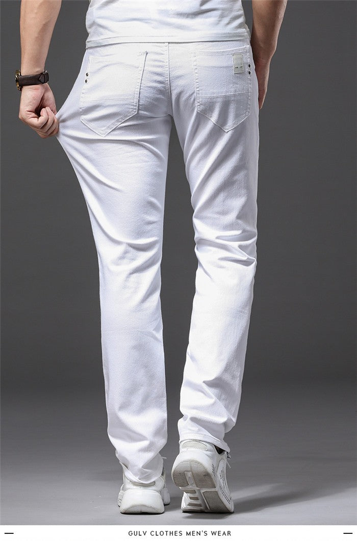 Calça Jeans Masculina Branca Casual Clássica Slim Fit Macia Marca Masculina Avançada Stretch