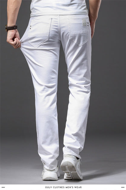 Calça Jeans Masculina Branca Casual Clássica Slim Fit Macia Marca Masculina Avançada Stretch