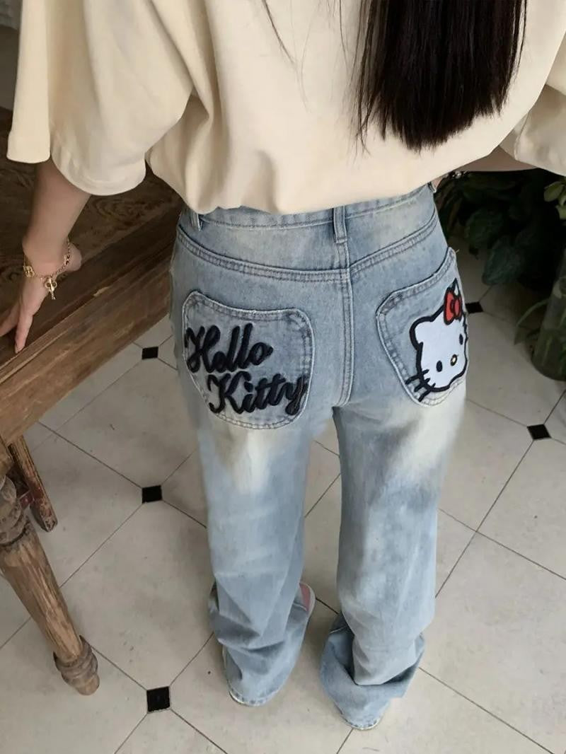 New Hello Kitty Wide Leg Pants Women's Spring Girl China-Chic Embroidery Loose Skinny Straight Leg Denim Pants Straight Trousers