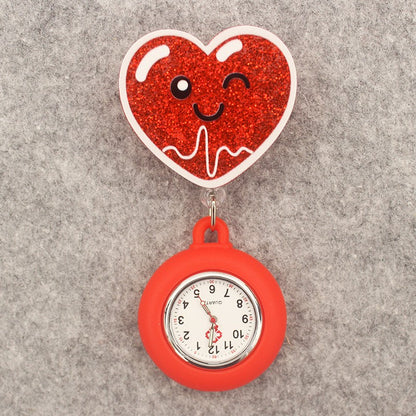 Glitter Acrylic Hospital Acrylic Heart Stethoscope Lovely Nurse Doctor Alligator Clip Pocket Watches Medical Hang Clock Gift