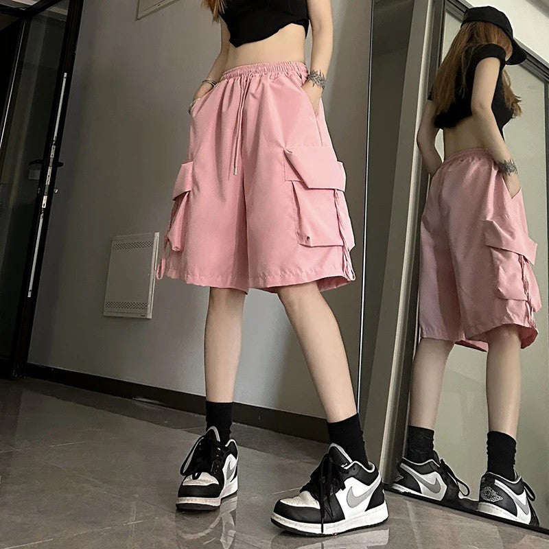 Y2K Cargo Shorts Women Harajuku Black Oversized Wide Leg Shorts Summer Streetwear Fashion High Waist Baggy Lady Short Pants Pink