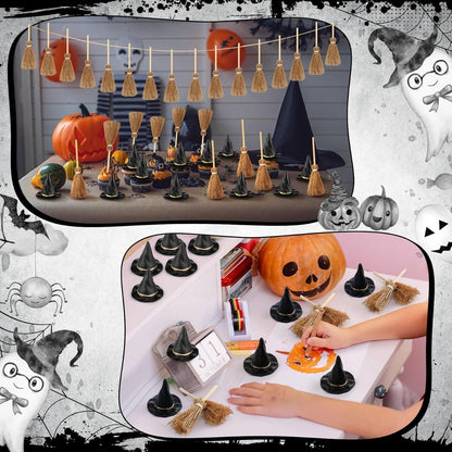10-50Pcs Mini Witch Hat with Mini Broom Miniature Straw Brooms with Red Rope for Halloween Party Craft Witches Decor Accessory
