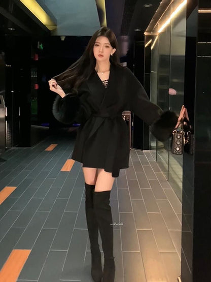 2025 Retro Elegant Lace Up Woolen Casual Overcoat Women Harajuku Loose Warm Plush Long-sleeved Autumn Fashion New Street Jacket