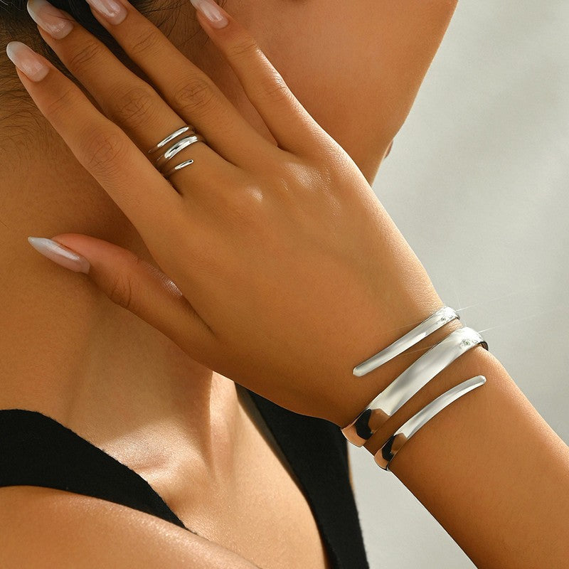 Conjunto de Anel e Bracelete de Aço Inoxidável com Gota de Água para Mulheres Luxuoso Geométrico Gota Aberta Punho Torcido Irregular Joias