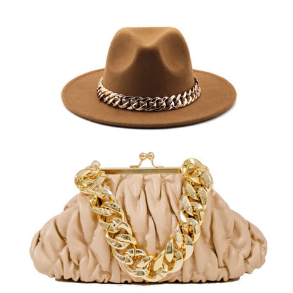 Set Straw Hat and Bag Set Gold Chain Bag Hat Set Ladies Leather Bag Tote Church Fedora Party Jazz Straw Hat