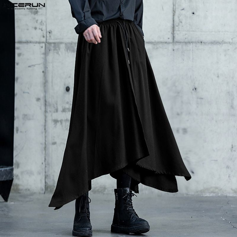 INCERUN Men Irregular Pants Solid Color Drawstring Loose Casual Wide Leg Trousers Men Streetwear 2025 Fashion Male Skirts Pants