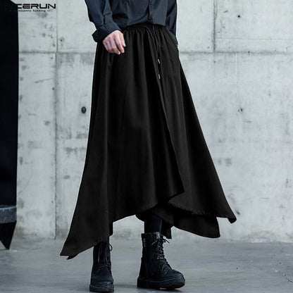 INCERUN Men Irregular Pants Solid Color Drawstring Loose Casual Wide Leg Trousers Men Streetwear 2025 Fashion Male Skirts Pants