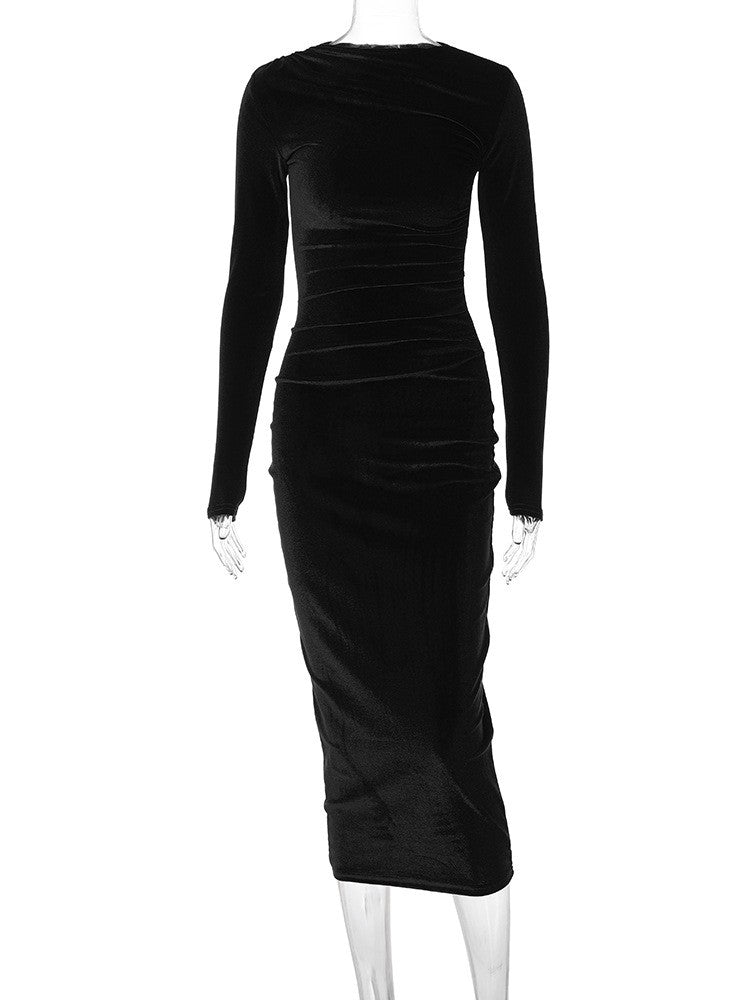 Dulzura 2024 Spring Summer Velvet Long Sleeve Midi Dress For Women Ruched Long D