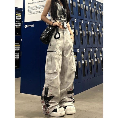 American Street Gothic Graffiti Print Pocket Jeans Women Retro Distressed Loose Fashion Street Casual High Waist Wide Leg Jeans