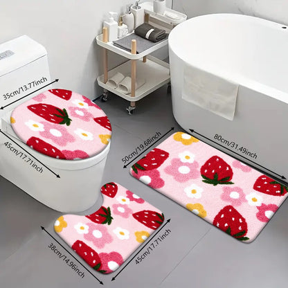 A comfortable three piece set with strawberry pattern can be purchased individually or set together for bathroom carpets