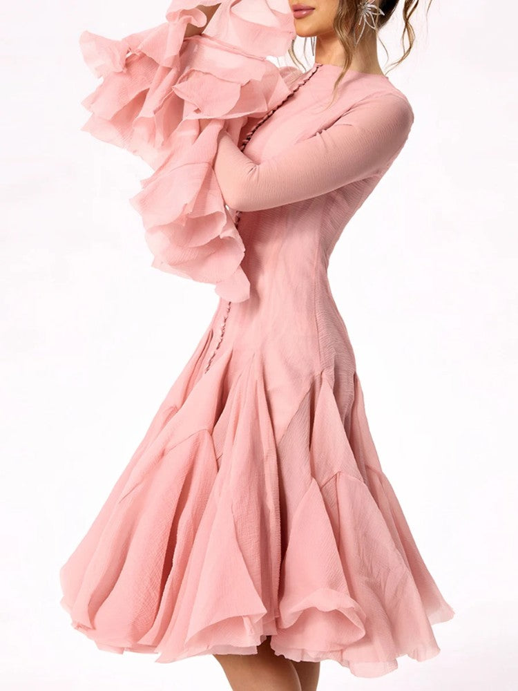 Solid Women Layered Ruffles Midi Dress Fashion Irregular Pleated A-line Long Sle