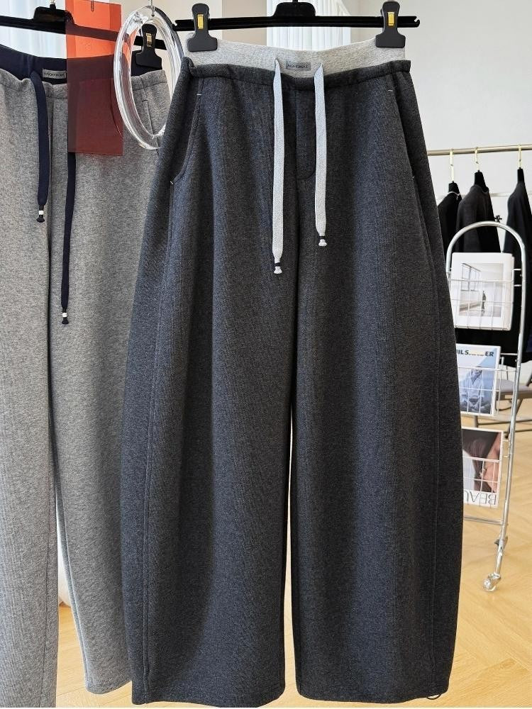 Patchwork Drawstring High Waist Wide Leg Pants for Women Spring and Autumn  Curved Hem Trousers