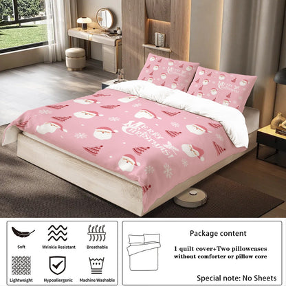 3-piece Christmas themed pink Santa Claus print (1 duvet cover+2 pillowcases, no core) soft and comfortable bedding set