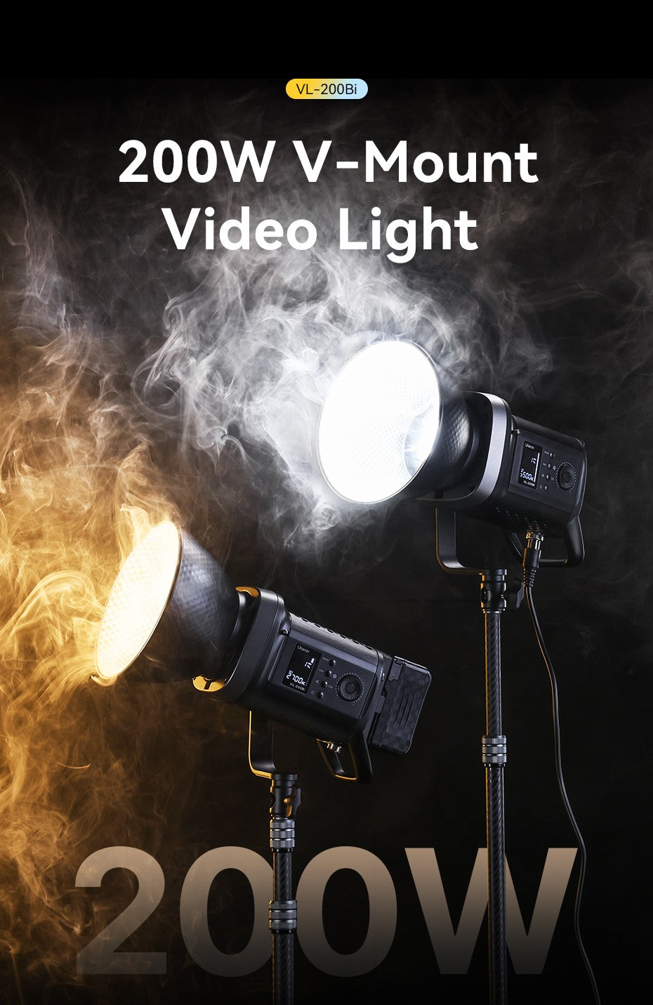 Ulanzi VL-200Bi 200W V-Mount Video Light with Wireless Control CRI 95+ 2700K-6500K CCT for Livestreaming Photography COB Light