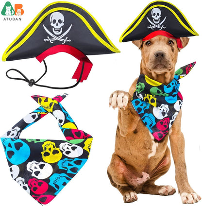 Chapéu de Pirata ATUBAN com Estampa de Caveira para Animais de Estimação com Bandana de Caveira para Cães e Gatos, Boné de Capitão, Fantasia de Pirata para Cosplay de Halloween, Festa de Halloween
