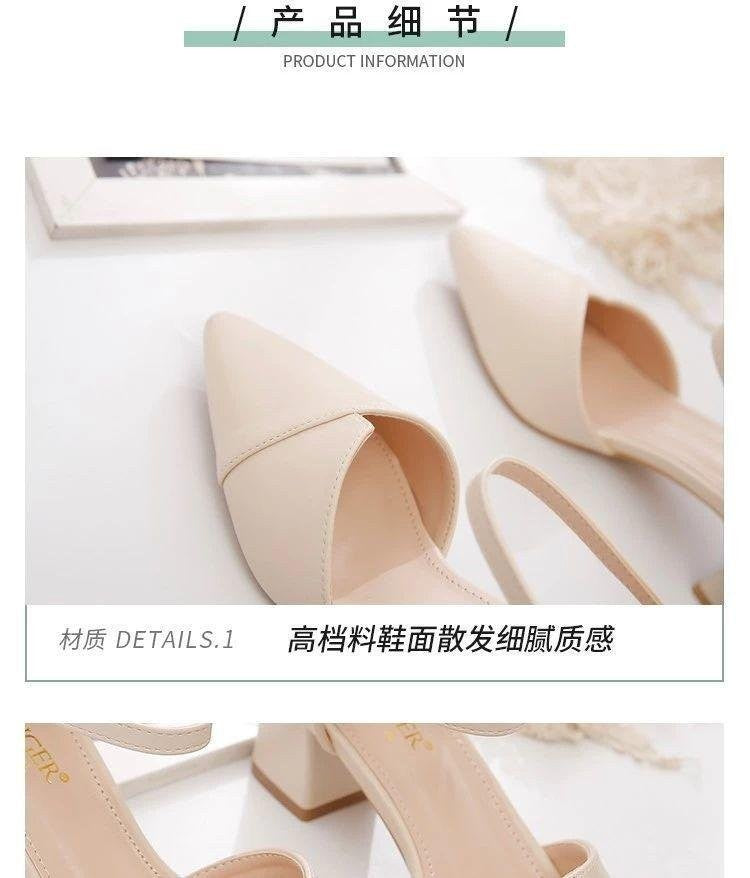 Sandália Feminina Elegante Bege Bico Fino Salto Médio Tira Fina Transpassada Fivela Sapatos de Escritório Diários