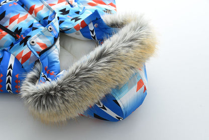 YBFSKID Kids Boys Winter Rompers Geometric Pattern Plush Thick Toddler Baby Boys Ski Suit Fur Collar Little Boys Jumpsuit Outfit