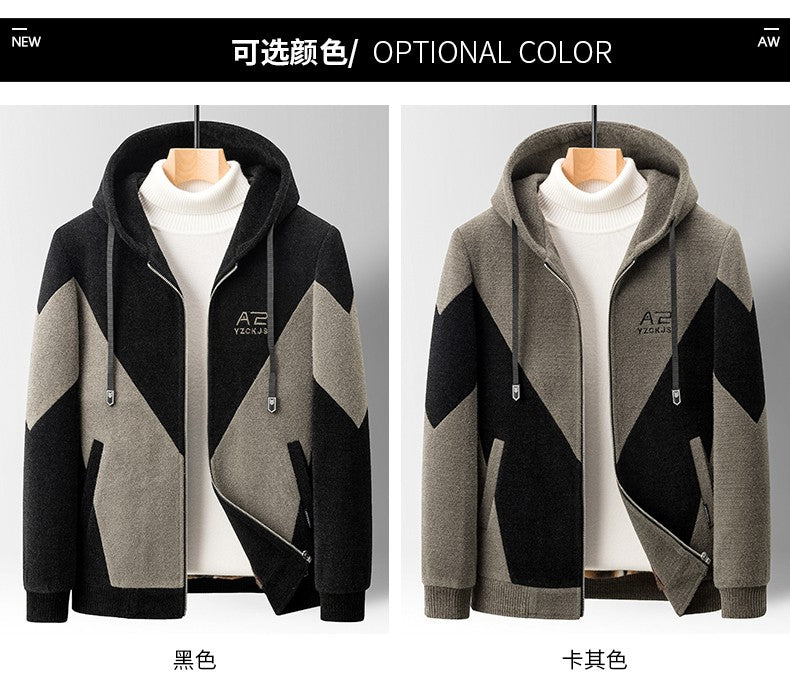 Winter Patchwork Woolen Jacket Men Hooded Short Trench Coat Thickened Warm Casual Business Social Overcoat
