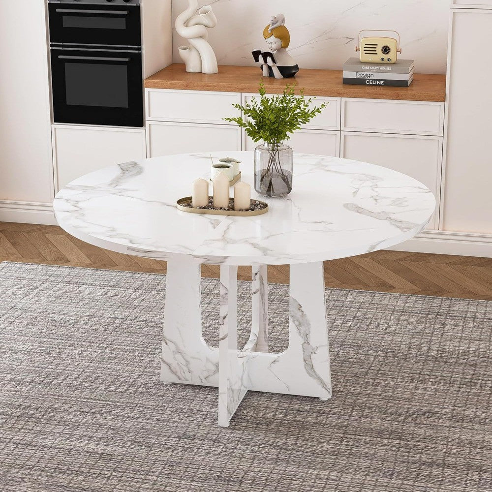 Modern 47.2 Inch Marble-Look Trestle Base Dining Table for 4-6 Seating