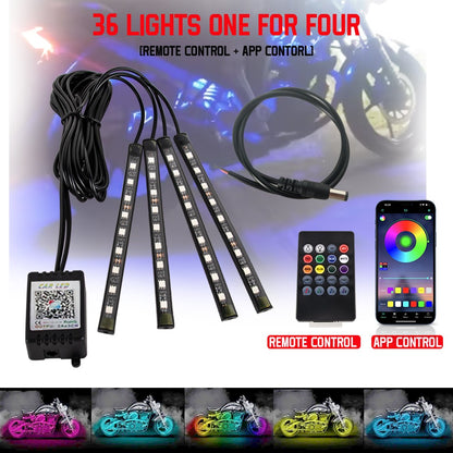 Faixa de luz de LED neon para motocicleta, kit de lâmpada UnderGlow com controle remoto sem fio RGB para Harley Yamaha, faixa de luz decorativa para carro