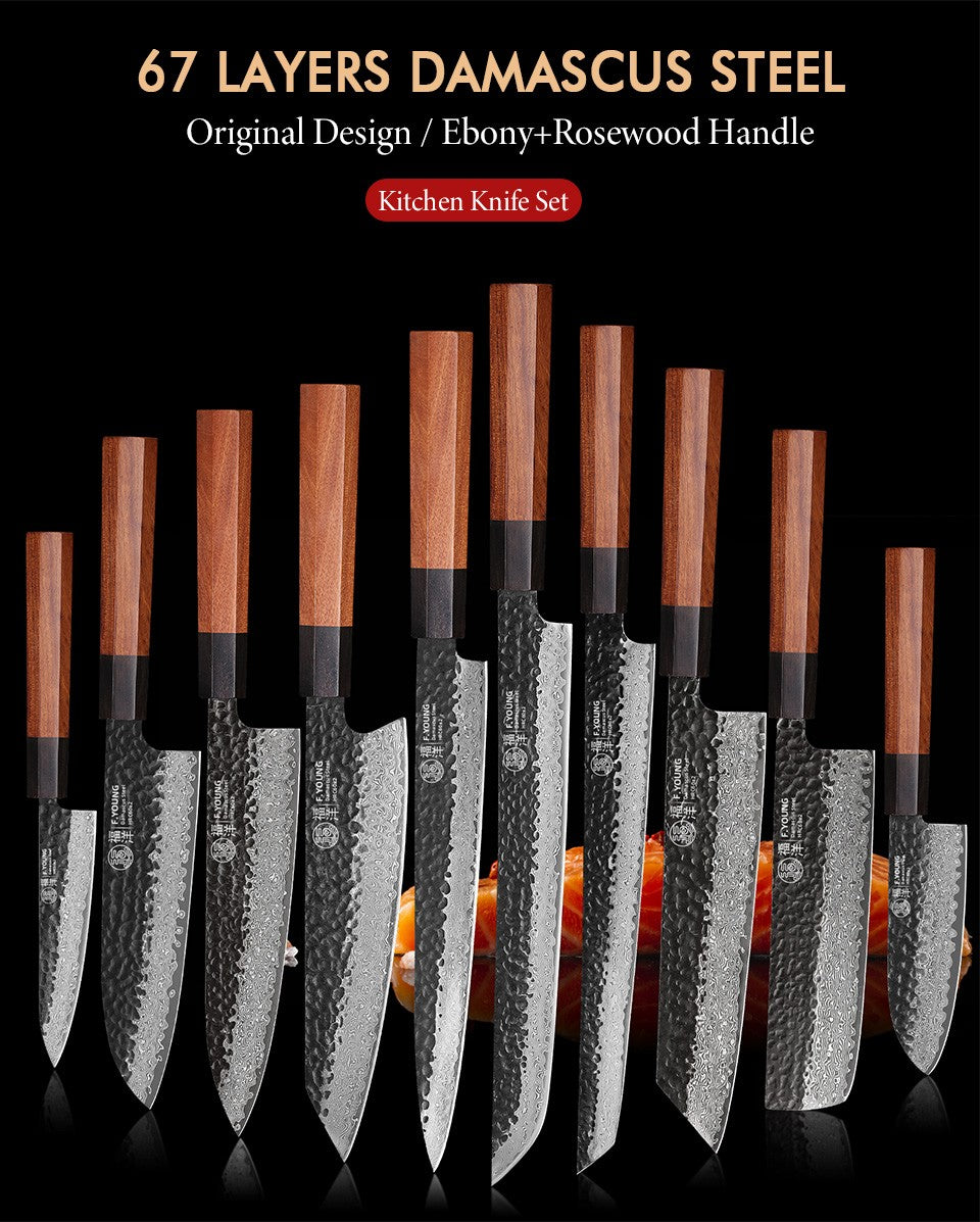 F.YOUNG Faca de Chef Japonesa Forjada à Mão Aço Damasco Facas de Cozinha Fatiar Legumes Carne Sashimi Utensílios de Cozinha