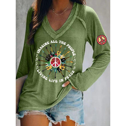 Ilstile Women's Hippie Style Print T-Shirts Spring Summer Long Sleeve V Neck Tops Casual Loose Tees New Arrival