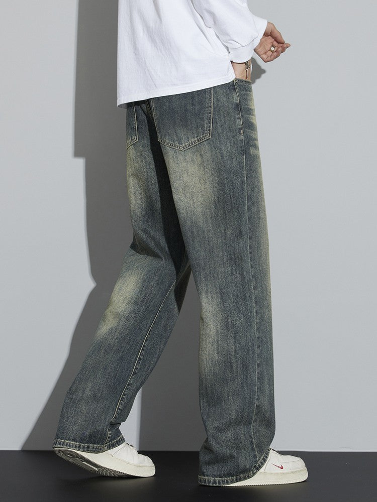 Calças Jeans Masculinas Folgadas de Algodão Perna Larga Retrô Estilo Urbano Coreano Reta Lavada Calças Jeans de Marca de Alta Qualidade