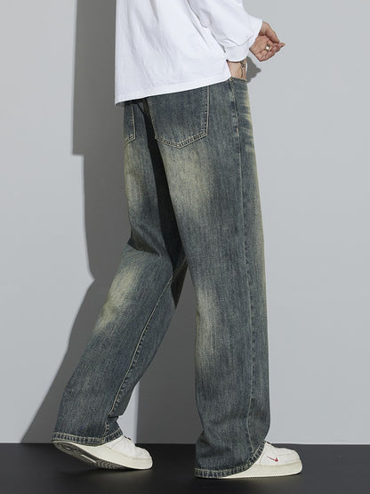Calças Jeans Masculinas Folgadas de Algodão Perna Larga Retrô Estilo Urbano Coreano Reta Lavada Calças Jeans de Marca de Alta Qualidade
