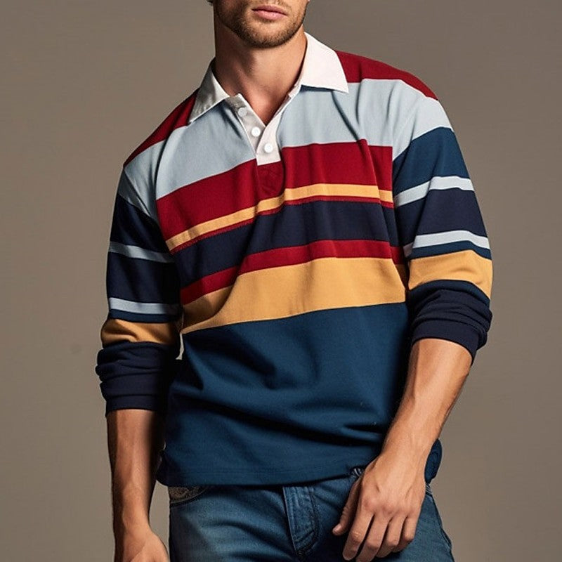 Men's Long Sleeve Polo Shirt 3D Stripes Print Pullover Autumn Business Casual Turn-down Collar Buttoned Oversized Mens Clothing