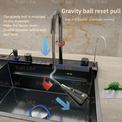 Stainless Steel Waterfall Kitchen Sink Digital Display Extra Large Single Bowl Multifunctional Household Vegetable Washing Sink