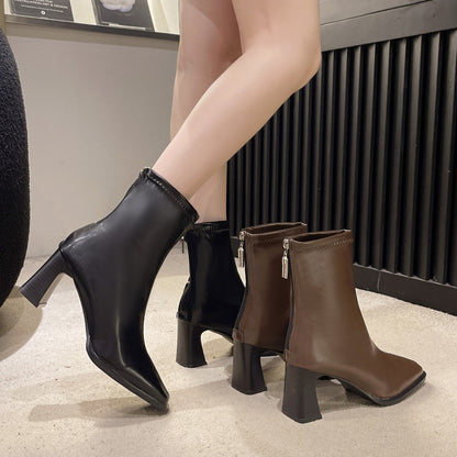 High Quality High Heel Boots Women Leather Winter Boots Women Comfortable Warm Fur Women Ankle Boots Shoes Black Brown D159