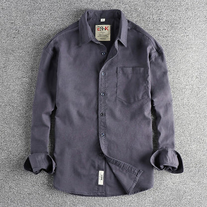 2025 Spring New Japanese Retro Long Sleeve Lapel Cotton and Linen Cargo Shirt Men's Simple Single Pocket Casual Loose Blouses