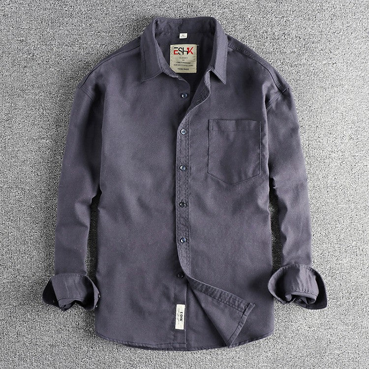 2025 Spring New Japanese Retro Long Sleeve Lapel Cotton and Linen Cargo Shirt Men's Simple Single Pocket Casual Loose Blouses