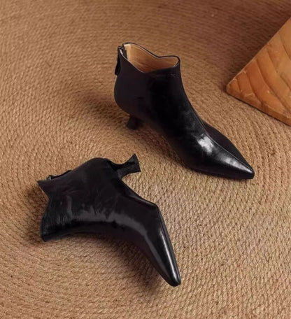 Elegant with Medium Heels Booties Autumn Winter Fleece-Lined Female Short Shoes Pointed Toe Leather Chelsea Women's Ankle Boots