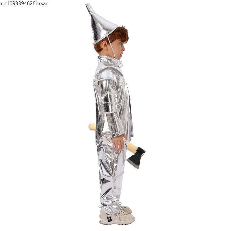 2025 New Arrival Silver Red Heart Wizard Boy Oz Tin Man Halloween Costume For Kids