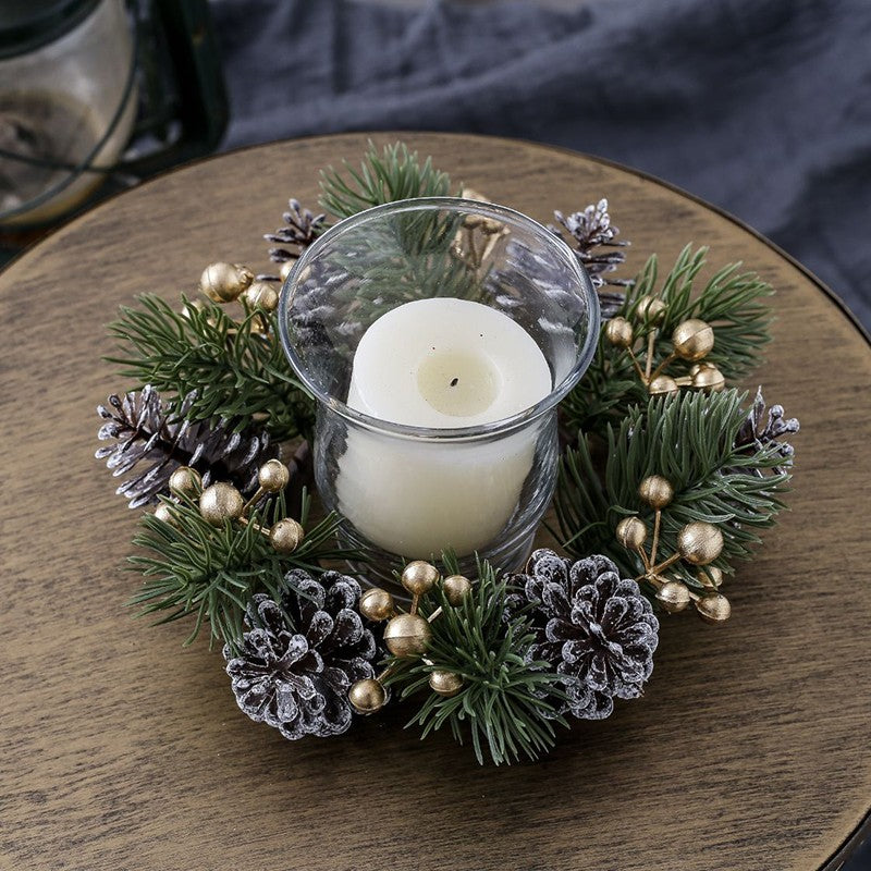 1/2pcs Christmas Candle Holders with Artificial Pine Branches & Berries New Year Tabletop Home Decorations Candle Wreath Gifts