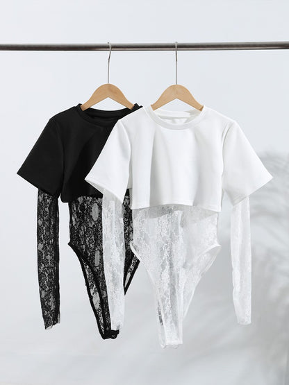 Women Crop Top Sheer Lace Bodysuit Short-Sleeve Layered 2025 Fashion Summer Sexy Outfit Trendy Party Chic Edgy Hot Lady Vestido