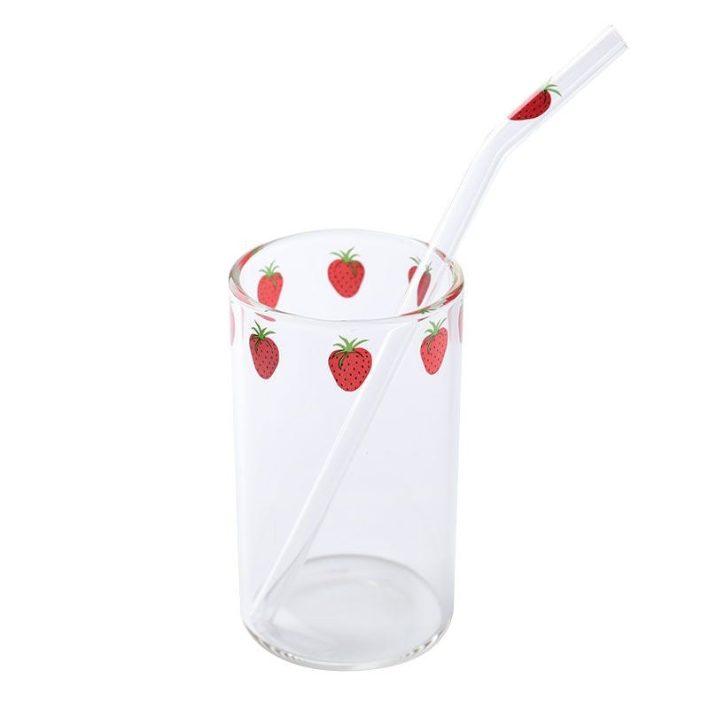 Canecas de Café Leite Água Resistentes ao Calor com Canudos Ins Nana Morango Óculos, Copo de Canudo Transparente para Sucos Smoothies Bebidas Geladas Fofo